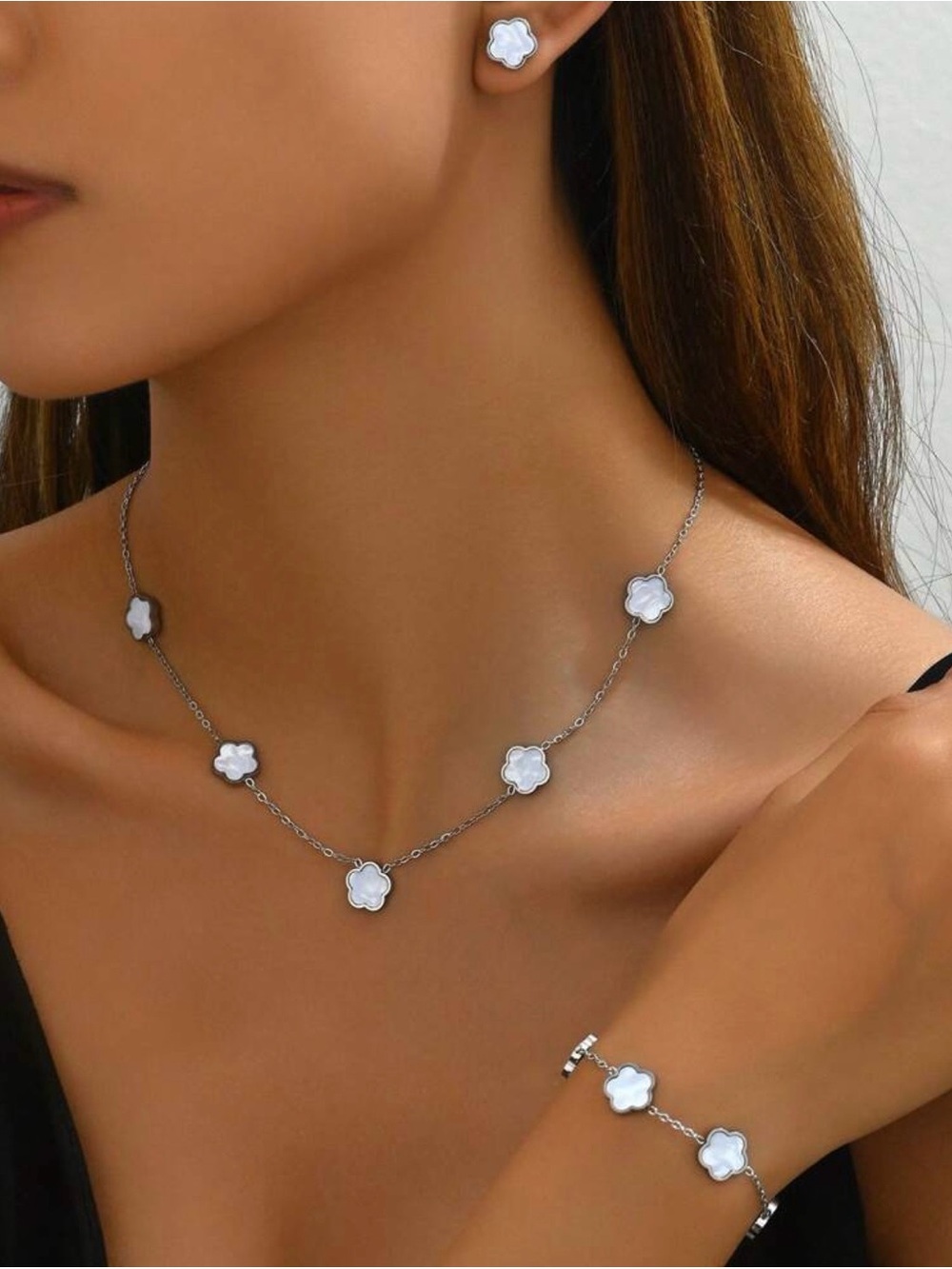 White Clover Flower Necklace, earring’s Bracelet Set - Women's Jewelry